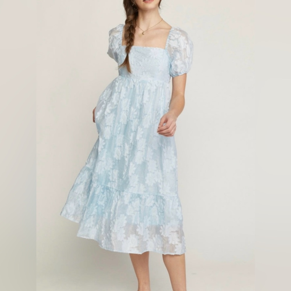 Baby Blue Floral Jacquard Midi Dress